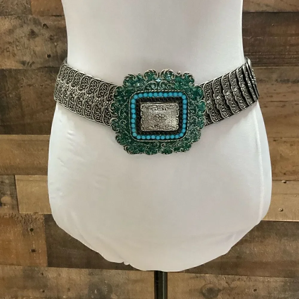 Vintage Belt Rocker Biker Large Ornate Buckle Pewter Toned Floral Turquoise 30”